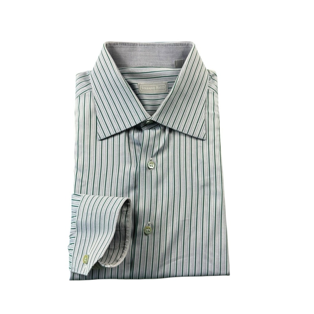 Stefano Ricci Blue Green Striped Cotton Men's L/S Button Front Size 16.5/42